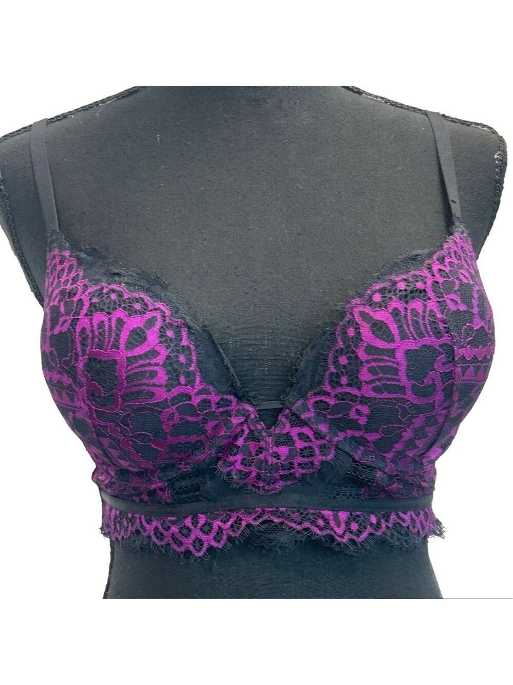 LA Senza Hello Sugar black purple lace push-up bra Sz 32C NWOT